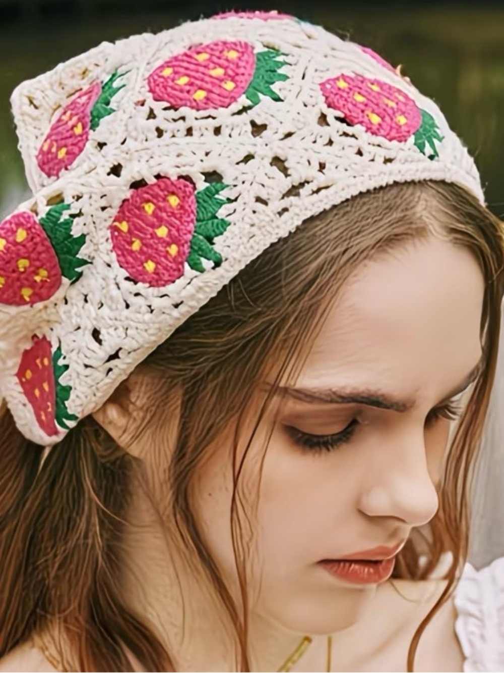 NWT Boho Crochet Strawberry Headscarf - Red, Cream, Green